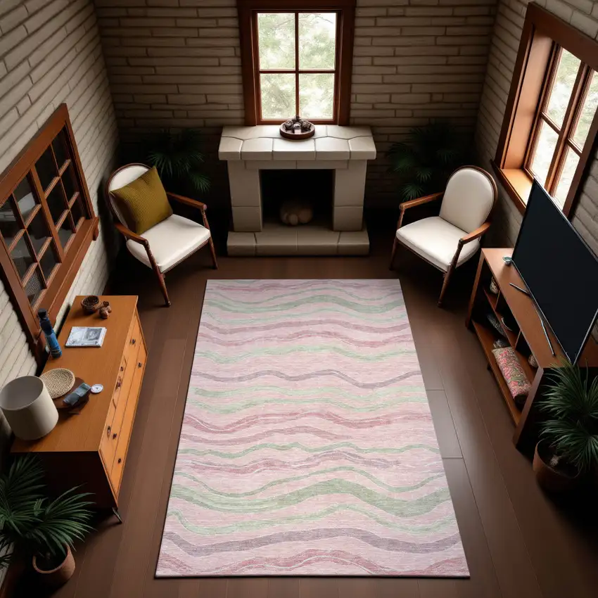 8' Pink Ivory And Mint Green Striped Washable Area Rug With UV Protection Photo 4