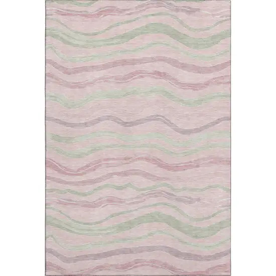 8' Pink Ivory And Mint Green Striped Washable Area Rug With UV Protection Photo 1