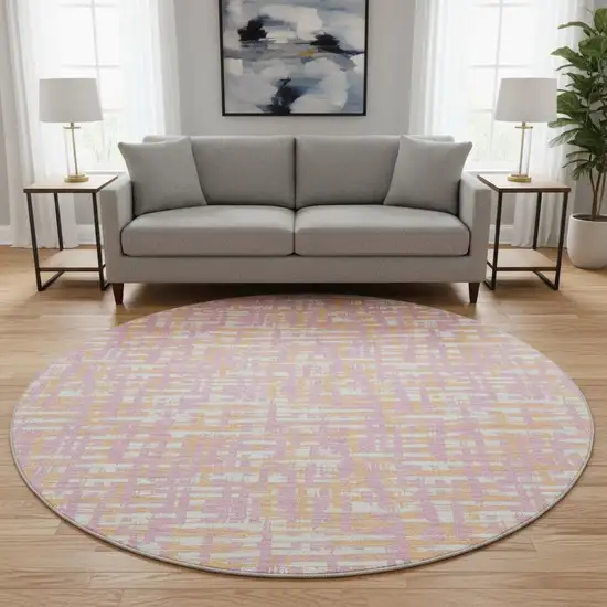 8' Pink Ivory And Orange Abstract Geometric Washable Round Rug With UV Protection Photo 2