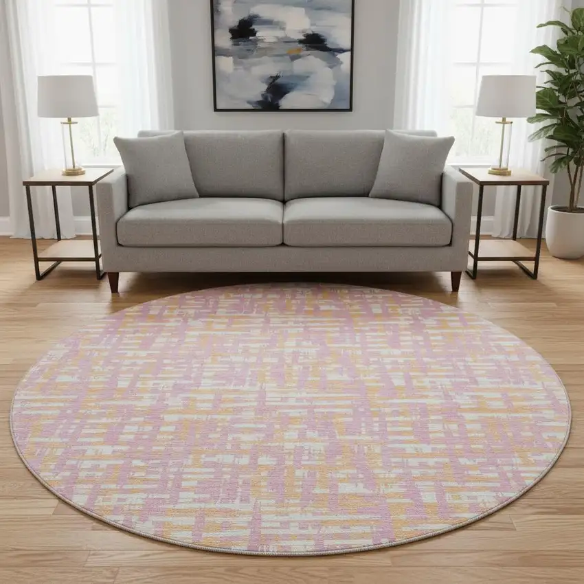 8' Pink Ivory And Orange Abstract Geometric Washable Round Rug With UV Protection Photo 2