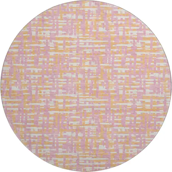 8' Pink Ivory And Orange Abstract Geometric Washable Round Rug With UV Protection Photo 1