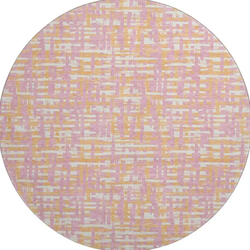 8' Pink Ivory And Orange Abstract Geometric Washable Round Rug With UV Protection Photo 3