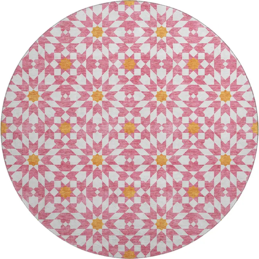 8' Pink Ivory And Orange Geometric Washable Round Rug With UV Protection Photo 1