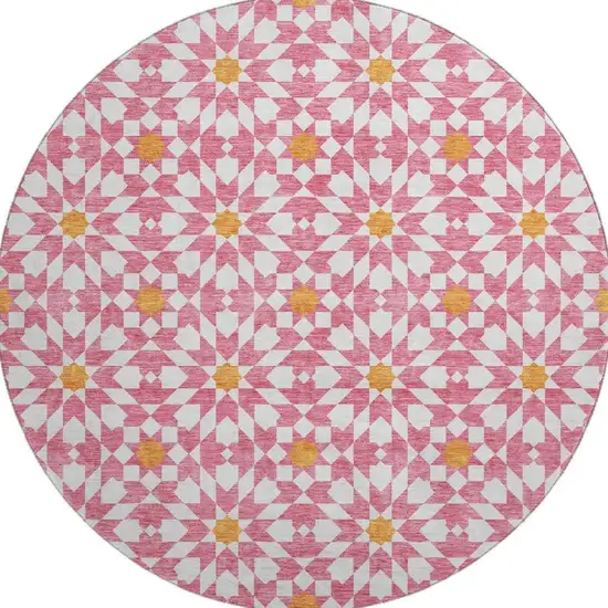 8' Pink Ivory And Orange Geometric Washable Round Rug With UV Protection Photo 3