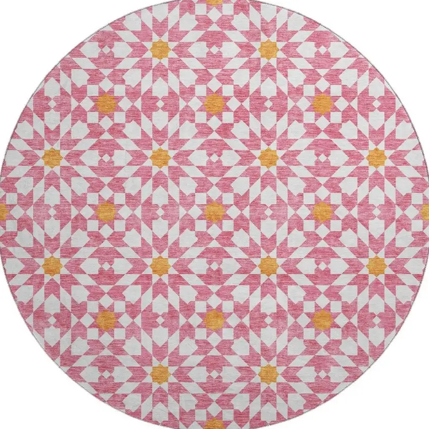 8' Pink Ivory And Orange Geometric Washable Round Rug With UV Protection Photo 3