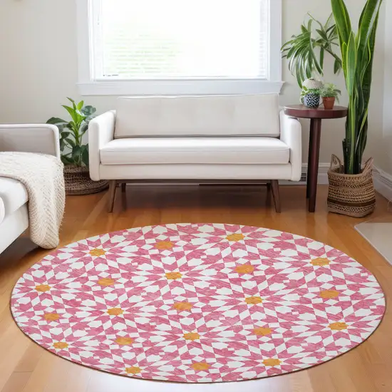 8' Pink Ivory And Orange Geometric Washable Round Rug With UV Protection Photo 5