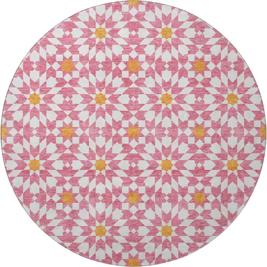 8' Pink Ivory And Orange Geometric Washable Round Rug With UV Protection Photo 4