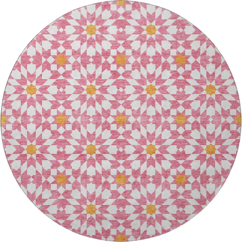 8' Pink Ivory And Orange Geometric Washable Round Rug With UV Protection Photo 4