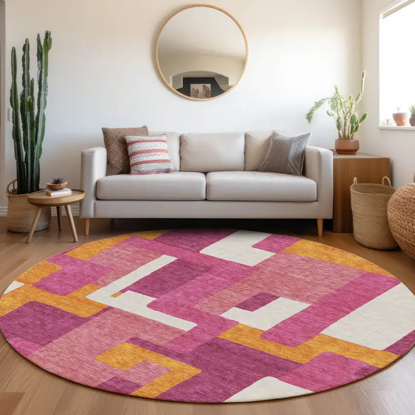 8' Pink Ivory And Orange Geometric Washable Round Rug With UV Protection Photo 3