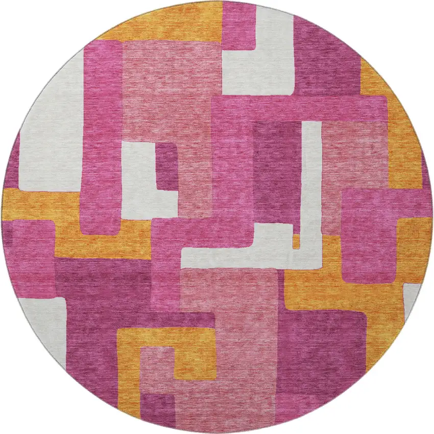 8' Pink Ivory And Orange Geometric Washable Round Rug With UV Protection Photo 2