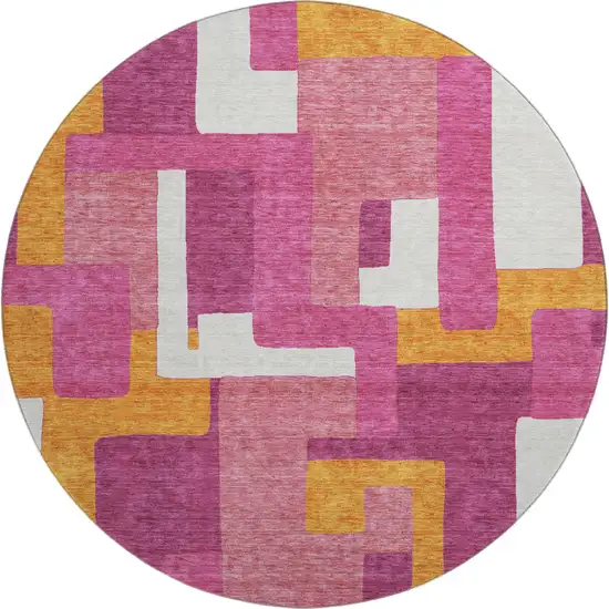 8' Pink Ivory And Orange Geometric Washable Round Rug With UV Protection Photo 1