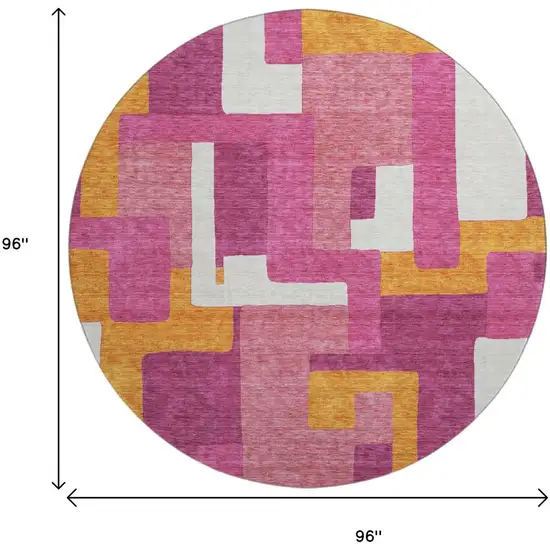 8' Pink Ivory And Orange Geometric Washable Round Rug With UV Protection Photo 8