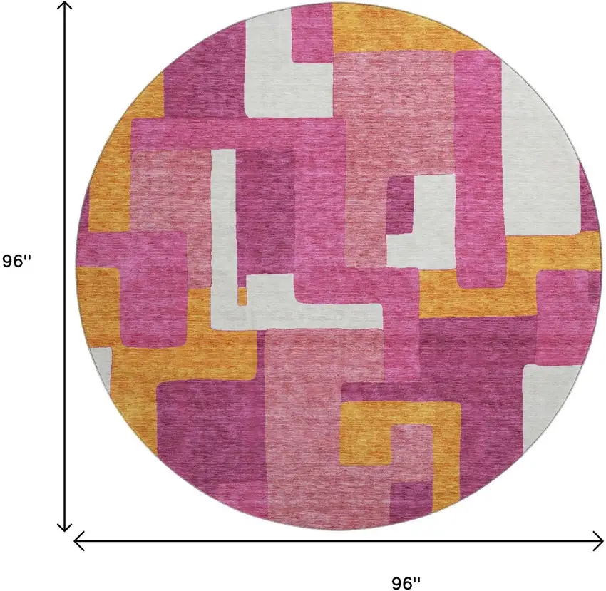 8' Pink Ivory And Orange Geometric Washable Round Rug With UV Protection Photo 8