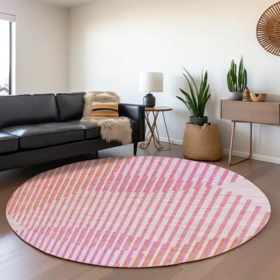 8' Pink Ivory And Orange Geometric Washable Round Rug With UV Protection Photo 4