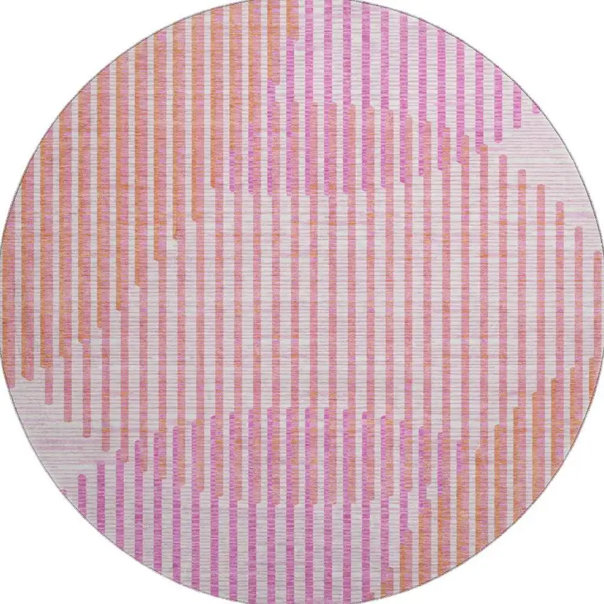 8' Pink Ivory And Orange Geometric Washable Round Rug With UV Protection Photo 3