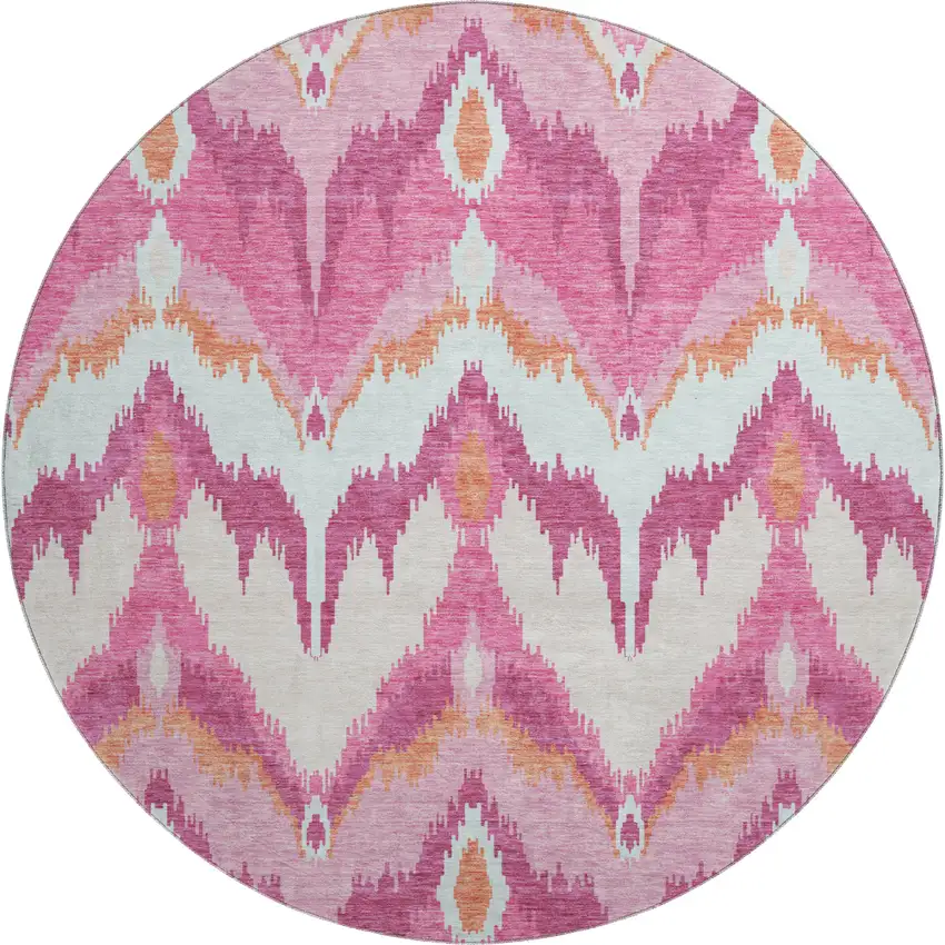 8' Pink Ivory And Orange Ikat Washable Round Rug With UV Protection Photo 1