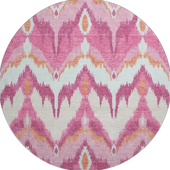 8' Pink Ivory And Orange Ikat Washable Round Rug With UV Protection Photo 4