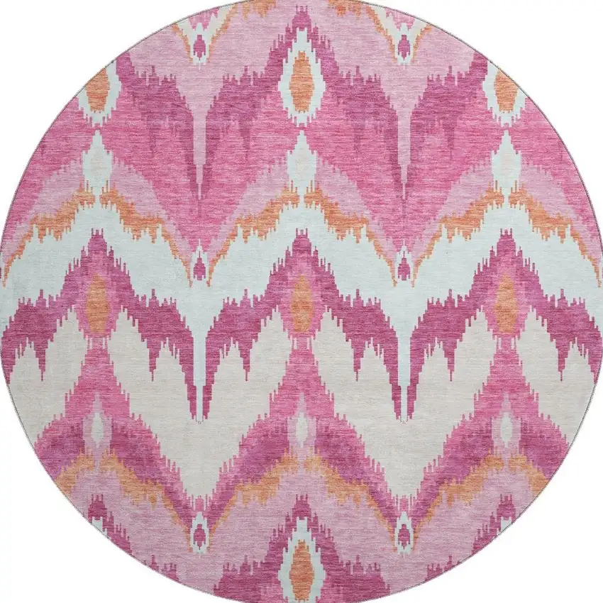 8' Pink Ivory And Orange Ikat Washable Round Rug With UV Protection Photo 4
