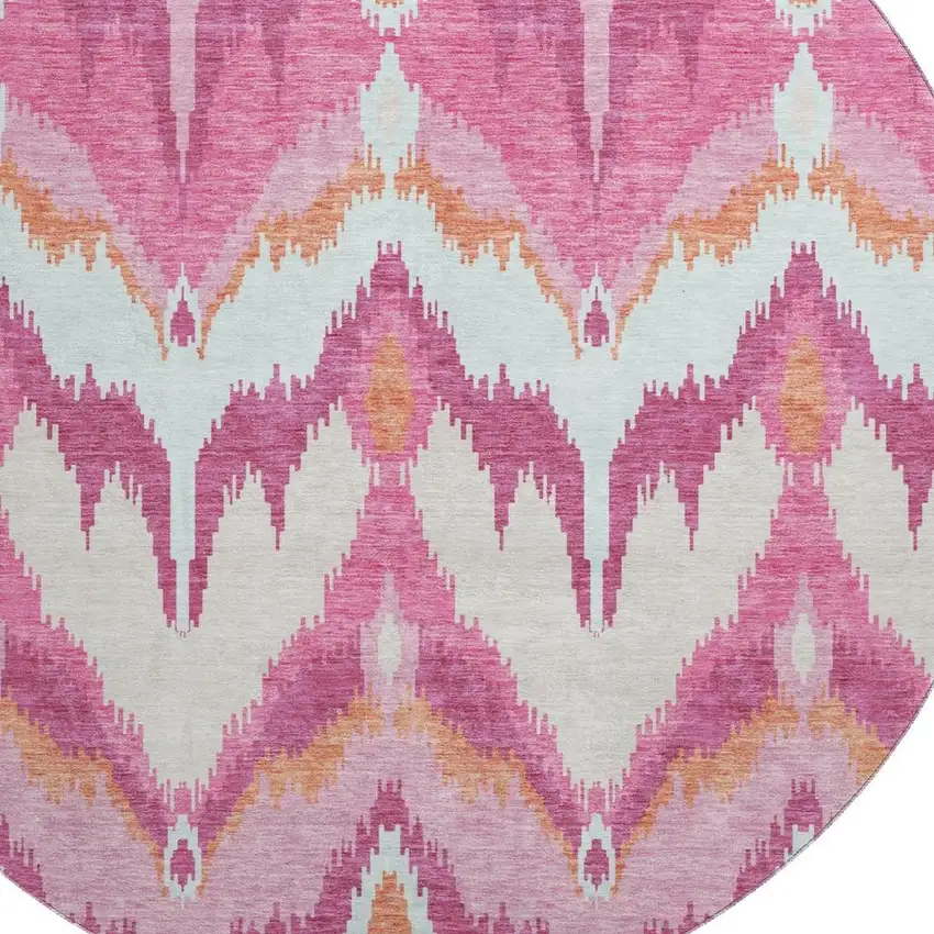 8' Pink Ivory And Orange Ikat Washable Round Rug With UV Protection Photo 3