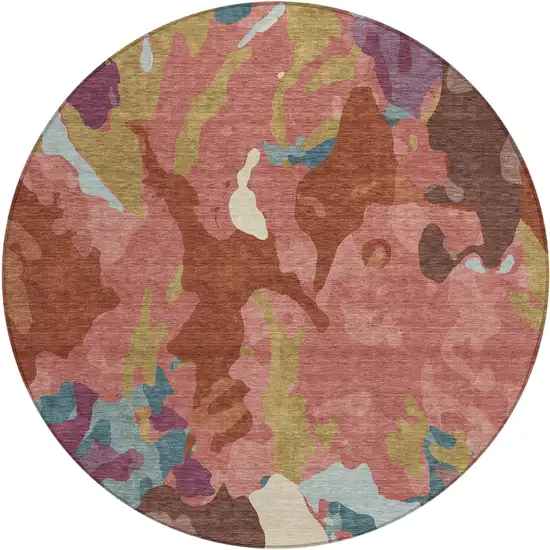 8' Pink Ivory And Purple Round Abstract Washable Indoor Outdoor Area Rug Photo 1
