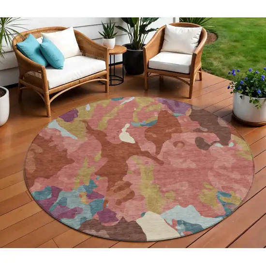 8' Pink Ivory And Purple Round Abstract Washable Indoor Outdoor Area Rug Photo 2
