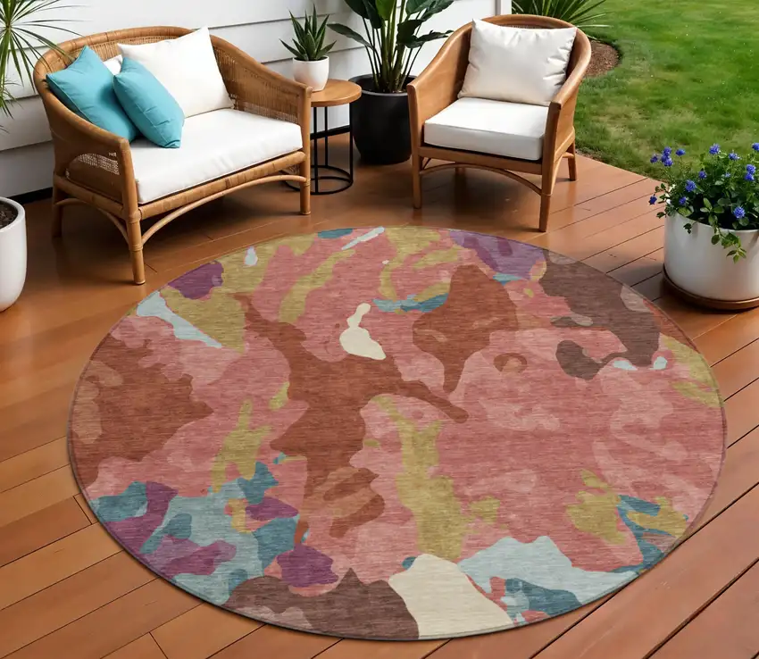 8' Pink Ivory And Purple Round Abstract Washable Indoor Outdoor Area Rug Photo 2