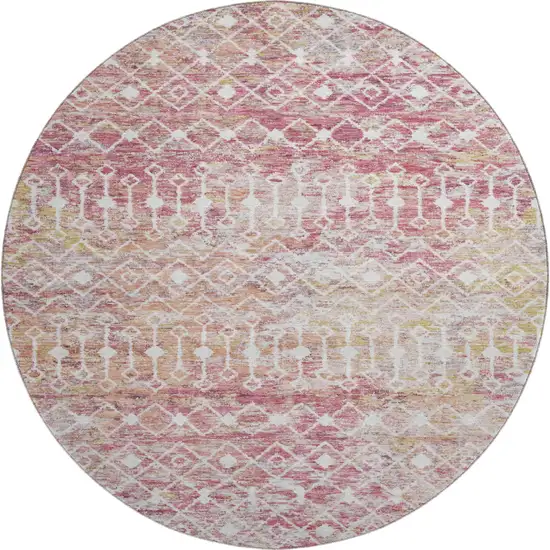 8' Pink Ivory And Wheat Geometric Washable Round Rug With UV Protection Photo 1
