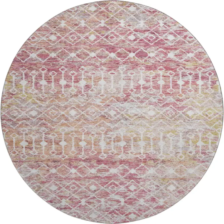 8' Pink Ivory And Wheat Geometric Washable Round Rug With UV Protection Photo 1