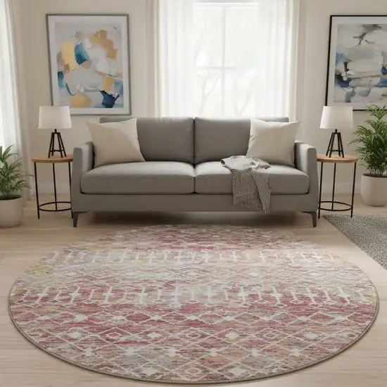 8' Pink Ivory And Wheat Geometric Washable Round Rug With UV Protection Photo 2