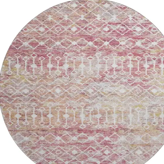 8' Pink Ivory And Wheat Geometric Washable Round Rug With UV Protection Photo 3