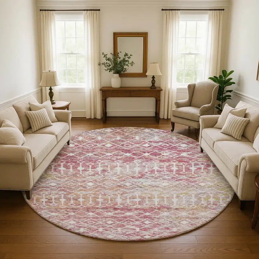 8' Pink Ivory And Wheat Geometric Washable Round Rug With UV Protection Photo 4