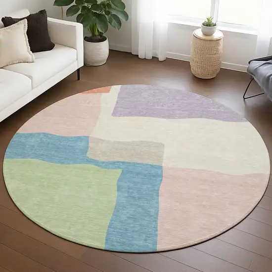 8' Pink Lavender And Coral Round Abstract Washable Indoor Outdoor Area Rug Photo 5