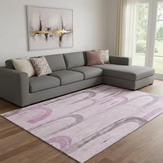 8' Pink Lavender And Ivory Geometric Washable Area Rug With UV Protection Photo 2