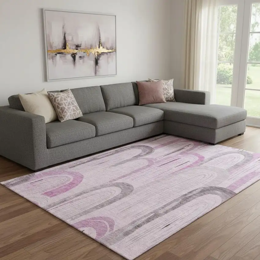 8' Pink Lavender And Ivory Geometric Washable Area Rug With UV Protection Photo 2