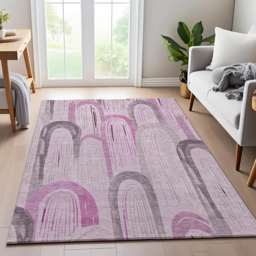 8' Pink Lavender And Ivory Geometric Washable Area Rug With UV Protection Photo 5