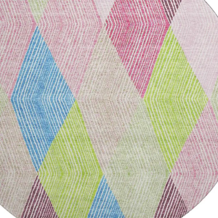 8' Pink Lime Green And Blue Geometric Washable Round Rug With UV Protection Photo 2