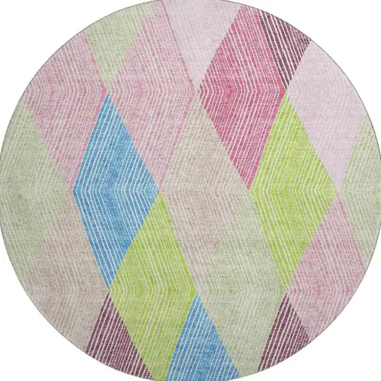 8' Pink Lime Green And Blue Geometric Washable Round Rug With UV Protection Photo 3