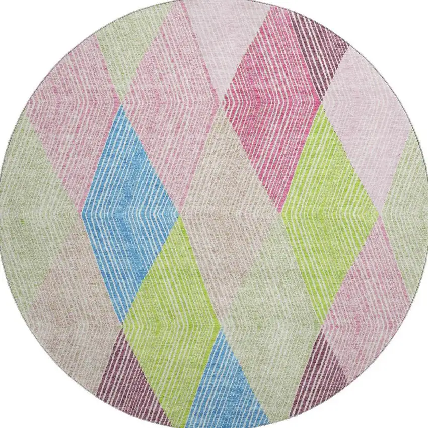 8' Pink Lime Green And Blue Geometric Washable Round Rug With UV Protection Photo 3