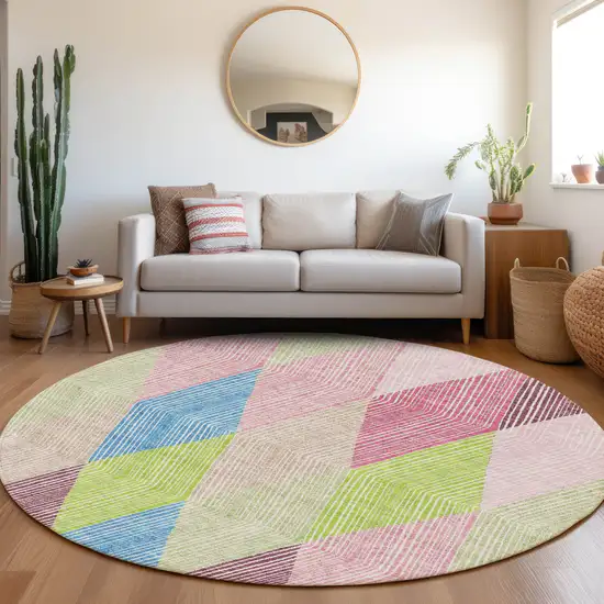 8' Pink Lime Green And Blue Geometric Washable Round Rug With UV Protection Photo 4