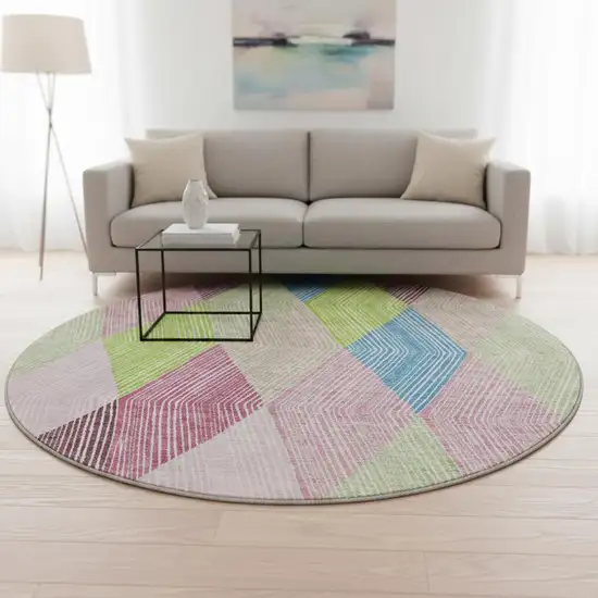 8' Pink Lime Green And Blue Geometric Washable Round Rug With UV Protection Photo 2