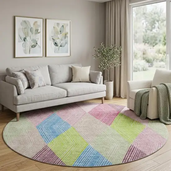 8' Pink Lime Green And Blue Geometric Washable Round Rug With UV Protection Photo 1