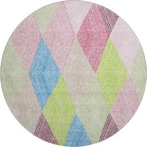 Photo of 8' Pink Lime Green And Blue Geometric Washable Round Rug With UV Protection