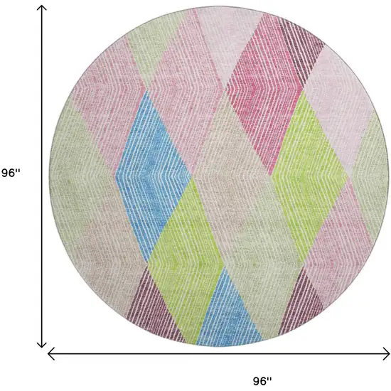 8' Pink Lime Green And Blue Geometric Washable Round Rug With UV Protection Photo 9