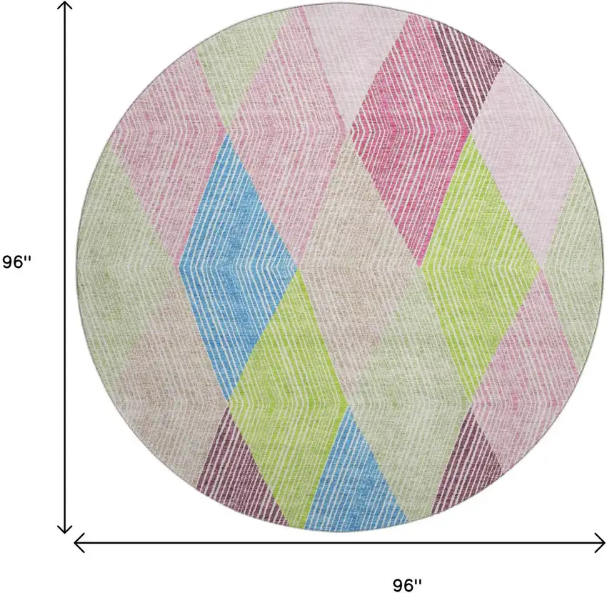8' Pink Lime Green And Blue Geometric Washable Round Rug With UV Protection Photo 9