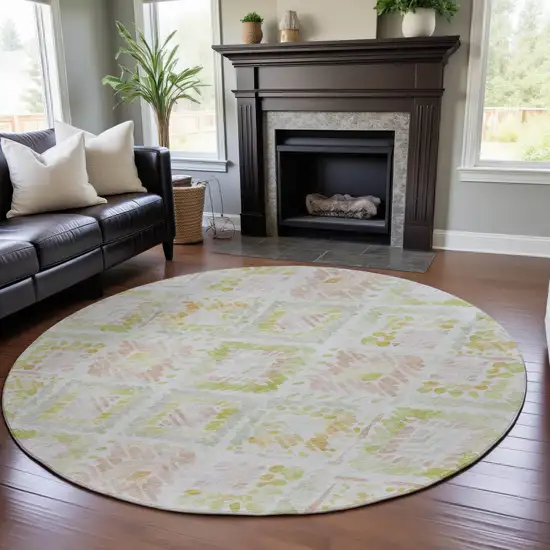 8' Pink Lime Green And Ivory Geometric Washable Round Rug With UV Protection Photo 5