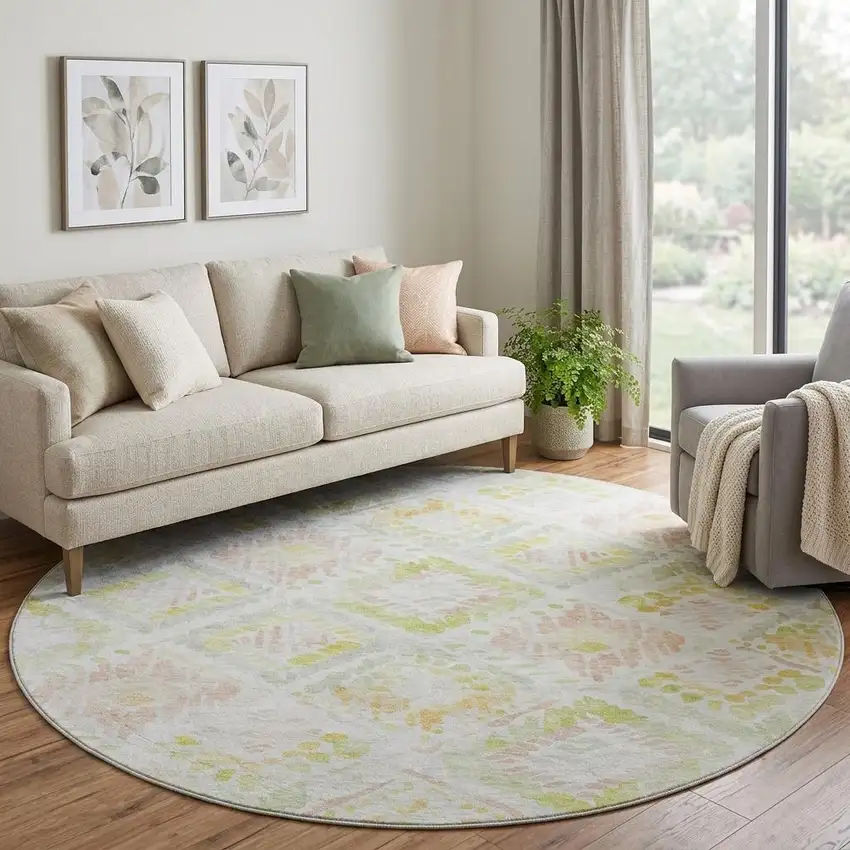 8' Pink Lime Green And Ivory Geometric Washable Round Rug With UV Protection Photo 1