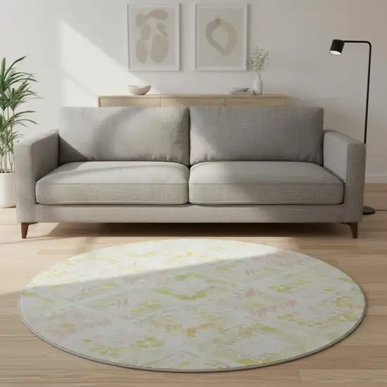 8' Pink Lime Green And Ivory Geometric Washable Round Rug With UV Protection Photo 2