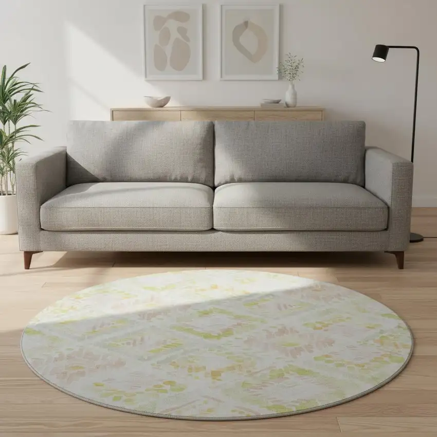 8' Pink Lime Green And Ivory Geometric Washable Round Rug With UV Protection Photo 2