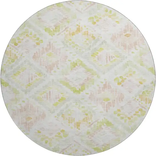 8' Pink Lime Green And Ivory Geometric Washable Round Rug With UV Protection Photo 1