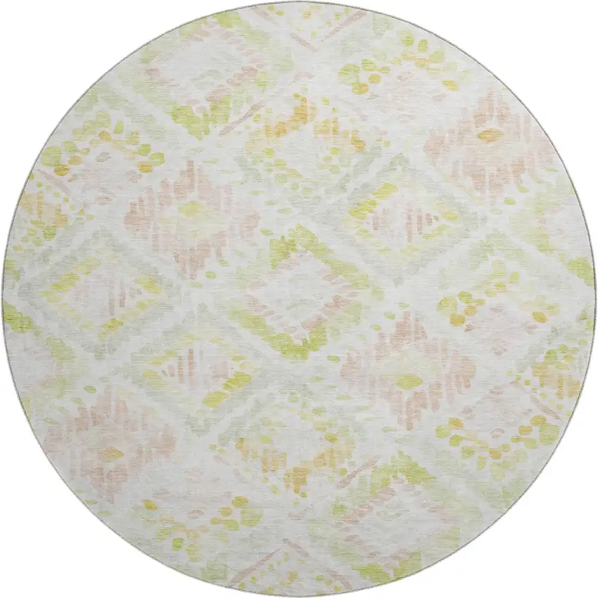 8' Pink Lime Green And Ivory Geometric Washable Round Rug With UV Protection Photo 1